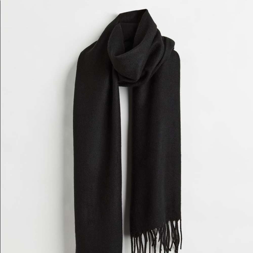 Soft Woven Long Black Scarf with Fringe